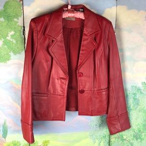 Red leather I.E coat cropped oversized collar size LG